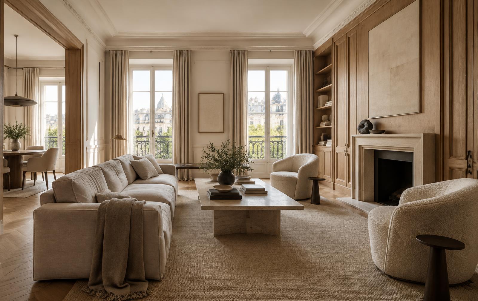 Salón de una vivienda de arquitectura clásica y diseño contemporáneo